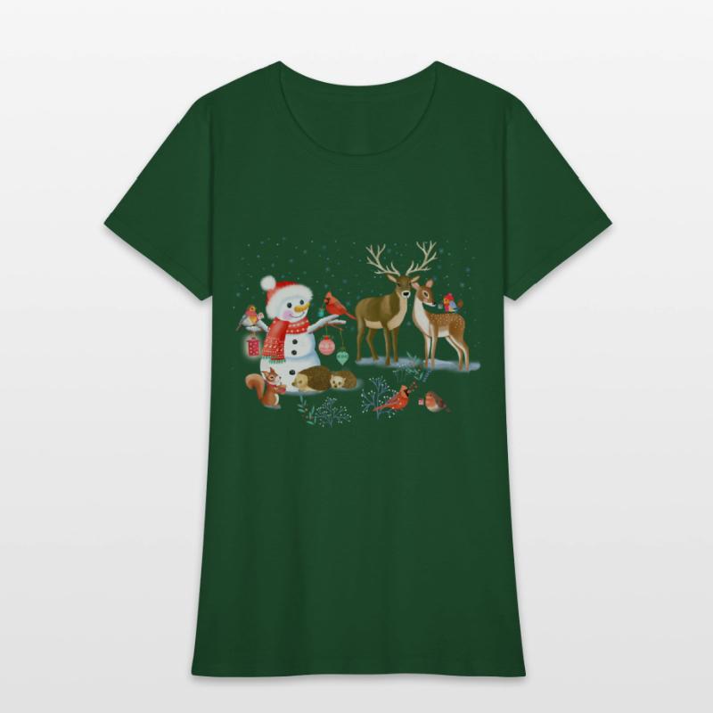 Winter fairytale with snowman and forest animals