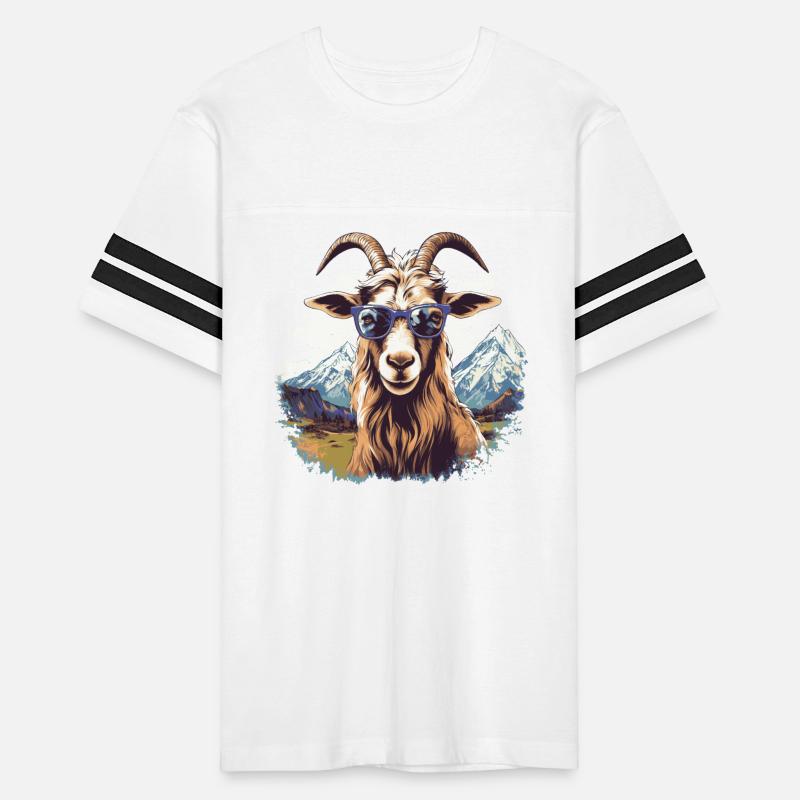 A goat with sunglasses in the mountains