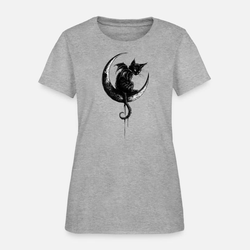 Cat With Bat Wings Sitting On Crescent Moon Goth