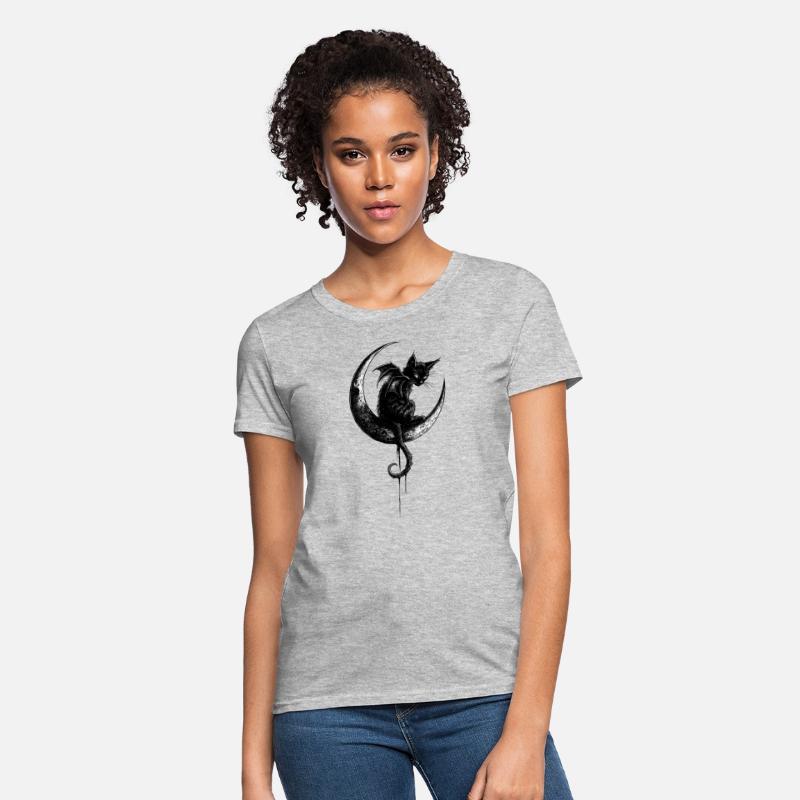 Cat With Bat Wings Sitting On Crescent Moon Goth