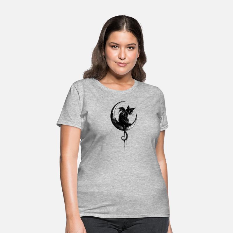 Cat With Bat Wings Sitting On Crescent Moon Goth