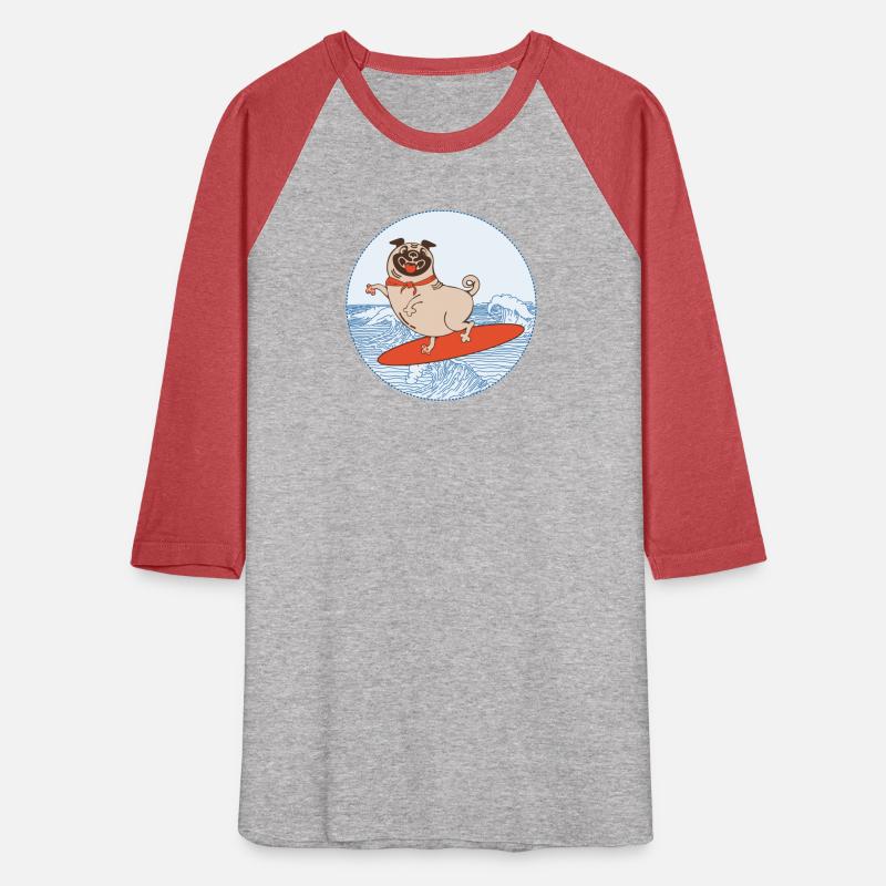 Waves riding pug puppy on surfboard