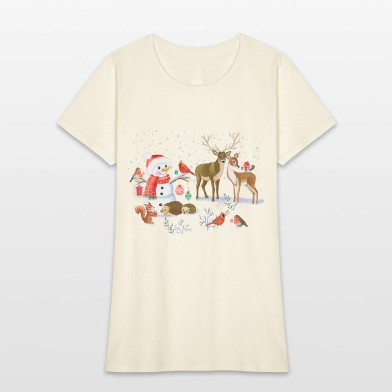 Winter fairytale with snowman and forest animals